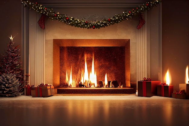 Christmas living room interior with decorated fireplace armchair and xmas tree