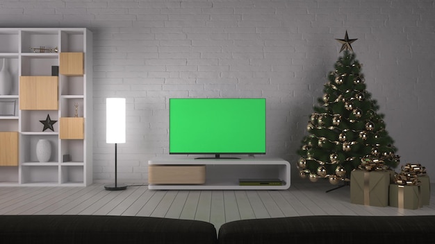 Christmas Living Room With Television TV mockup screen TV screen with a blank green background 3d illustration