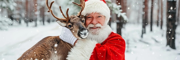 Photo christmas magic santa claus shares a heartwarming moment with his reindeer in winter wonderland