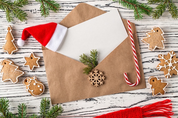 Christmas mail, envelopes with gingerbread cookies, Top View