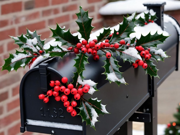 A Christmas Mailbox With Holly And Red Berries