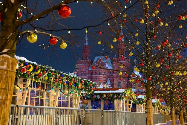 Christmas market on Red Square in Moscow for the New Year The snowstorm