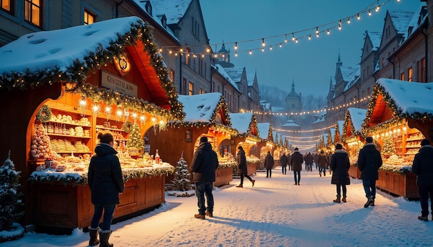 Christmas market in a snowy European town at night illuminated