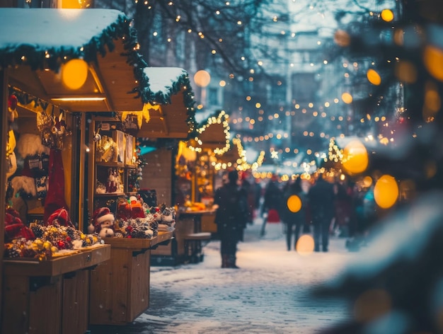 Christmas Market Stall with Decorations and Snow