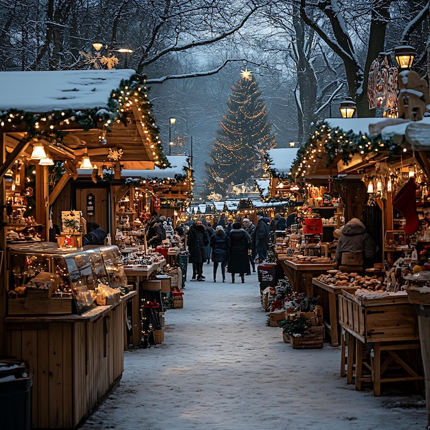 Photo christmas market with festive stalls and twinkling lights christmas background lively and joyful