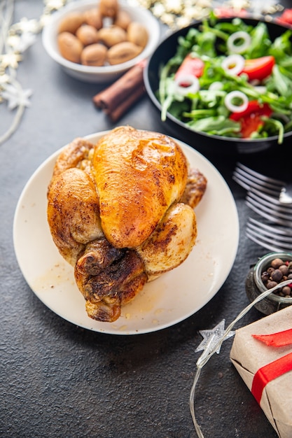 Christmas meat poultry chicken or turkey new year table treat chicken coquelet fresh meal