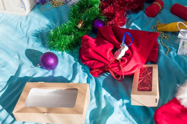 A Christmas mess with decorations for the Christmas tree and gifts