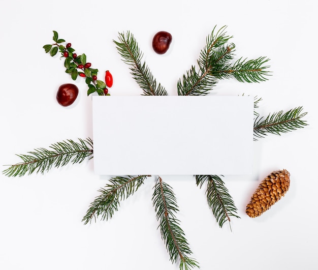 Christmas mockup for postcard with dry fruits, craft paper, gift box, handmade christmas toys