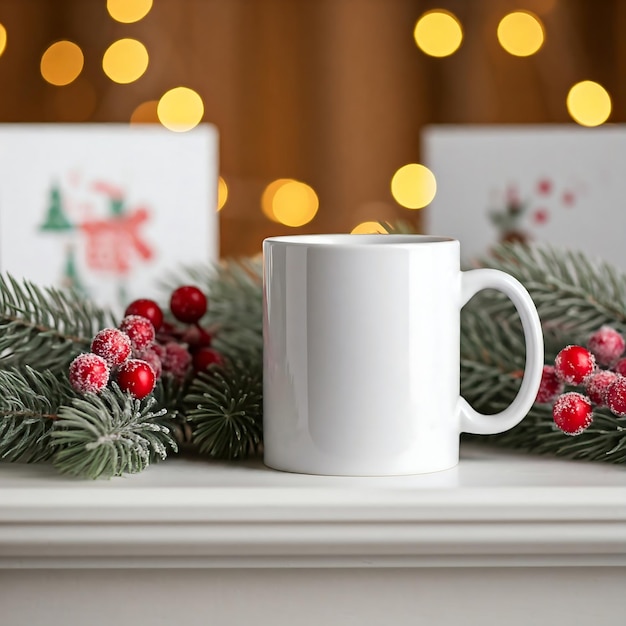 Photo christmas mockup white ceramic coffee mug and christmas decoration on a wooden table background