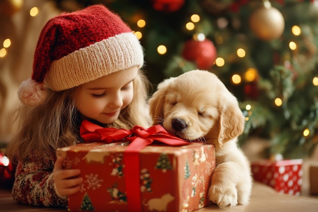 On Christmas morning a golden retriever puppy dog was unexpectedly delivered under the tree