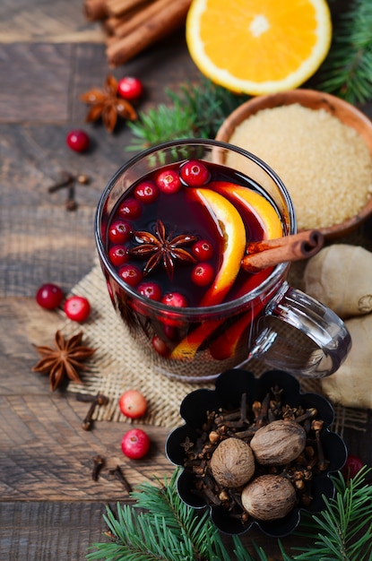 Christmas Mulled Red Wine with Orange, Cranberries and Spices.