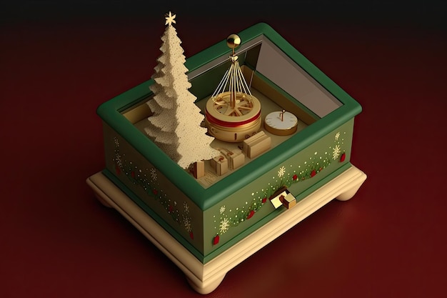 Christmas music box needle bed with glass christmas tree decorations and gift created with generativ