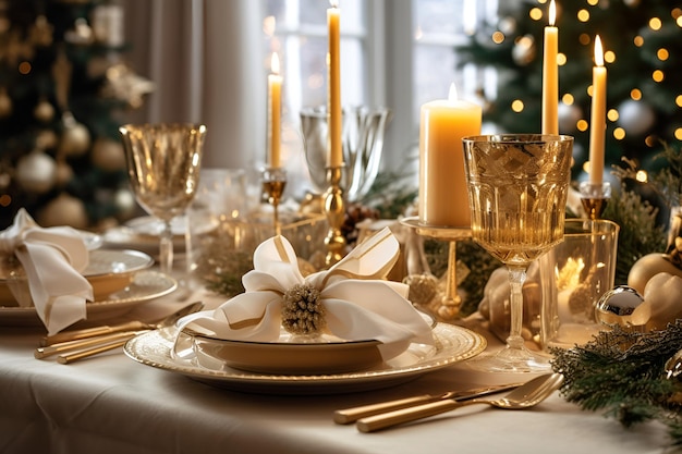 Christmas and New Year background Christmas table setting with plates wine glasses cutlery candles fir branches and festive decor Blurred decorated new year tree Christmas eve Generative AI