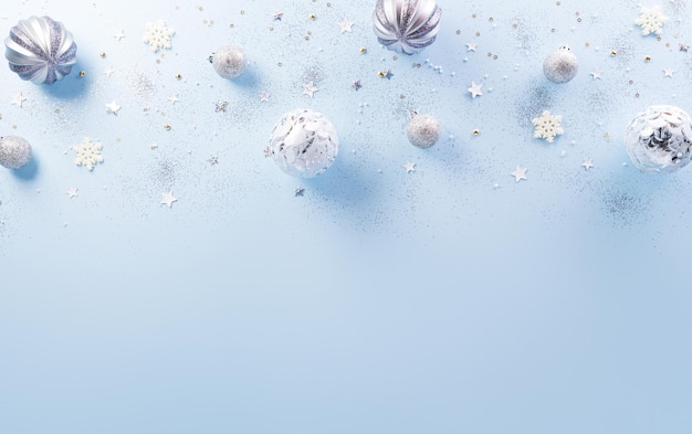 Christmas and new year background concept Top view of Christmas ball star and snowflake on pastel blue background