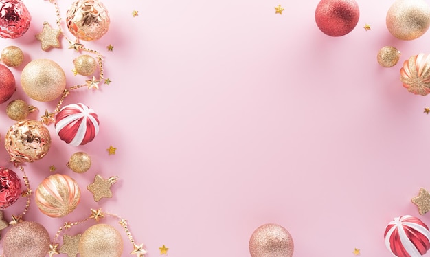 Christmas and new year background concept Top view of Christmas ball star and snowflake on pastel pink background