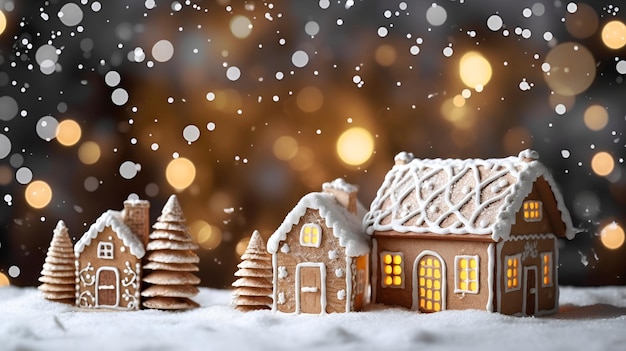 Christmas and new year background Cute gingerbread house over blurred wall with lights copy space Happy new Year and Merry Christmas celeblation atmosphere of magic Generative AI