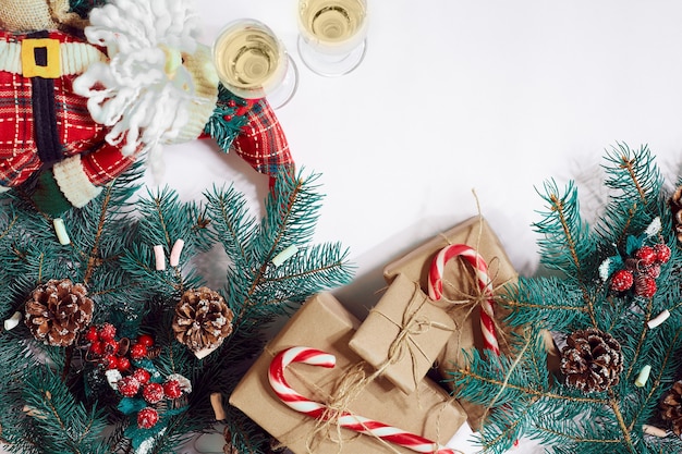 Christmas or new year background furtree branches gifts decoration on a white background