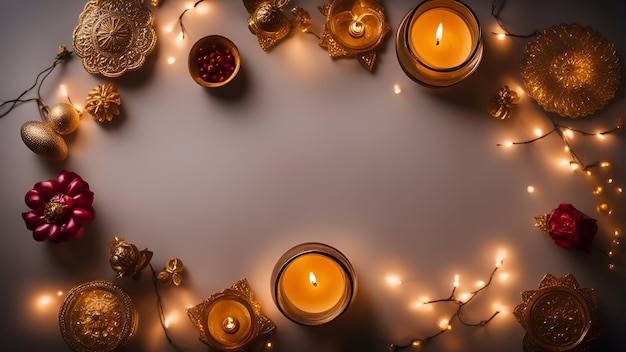 Christmas or New Year background with candles and decorations Flat lay top view