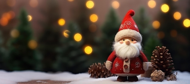 Christmas and New Year background with embroidered santa claus doll and Christmas tree decoration