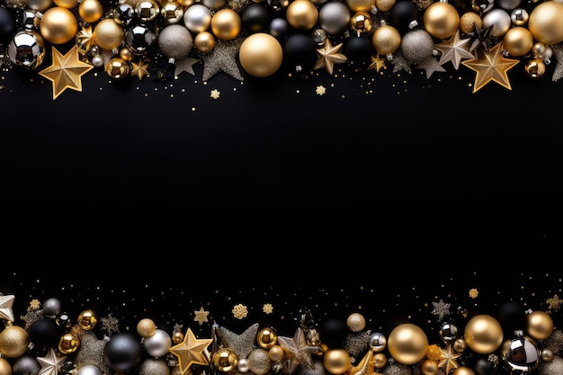 Christmas and New Year background with gold and silver decorations on black