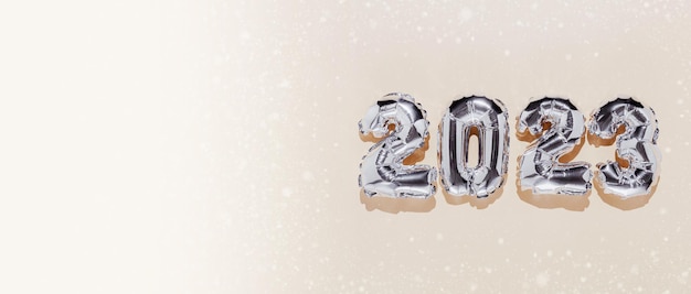 Christmas or New Year banner Beige background silver 2023 balloon numbers