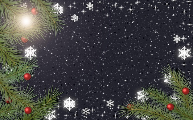 Christmas and New Year black background with snowflakes and fir branches