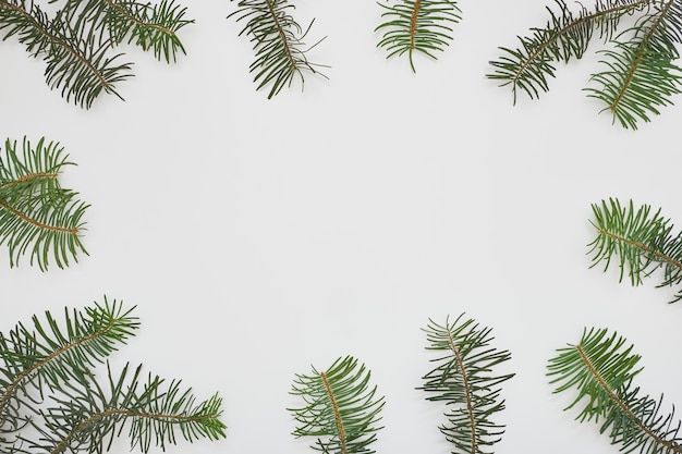 Christmas or New Year composition. Frame made of green fir tree branches on white background. Flat lay, top view, copy space.