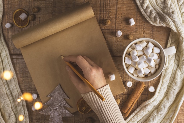 Christmas new year concept with cup of coffee with marshmallows and notepad. with copy space. scarf, lights.