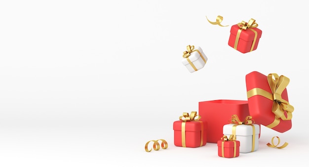 Christmas and New Year design. Realistic white and red gifts boxes with ribbons. 3d rendering