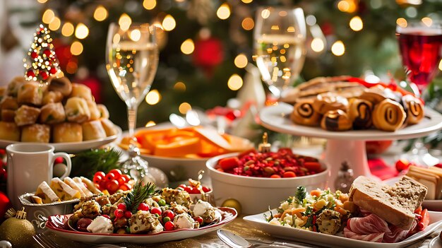 Photo christmas and new year dinner table full of different dishes for party