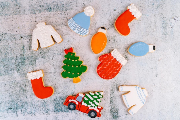 Christmas and new year gingerbread cookies on table sweets tasty biscuits glazed sugar icing