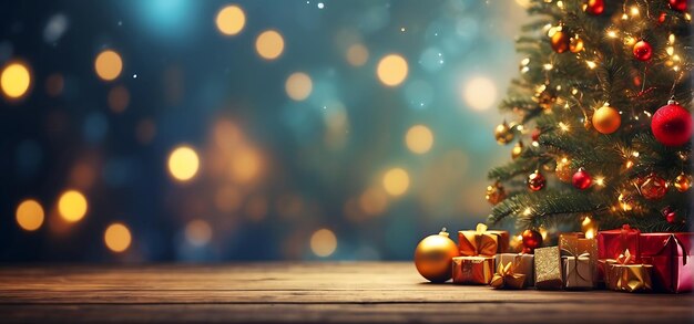 Christmas and New Year holidays background Christmas tree with golden lights bokeh