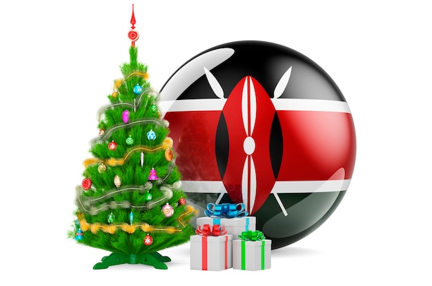 Christmas and New Year in Kenya concept Christmas tree and gift boxes with Kenyan flag 3D rendering