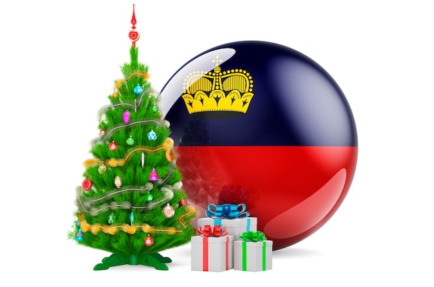 Photo christmas and new year in liechtenstein concept christmas tree and gift boxes with liechtensteiner flag 3d rendering