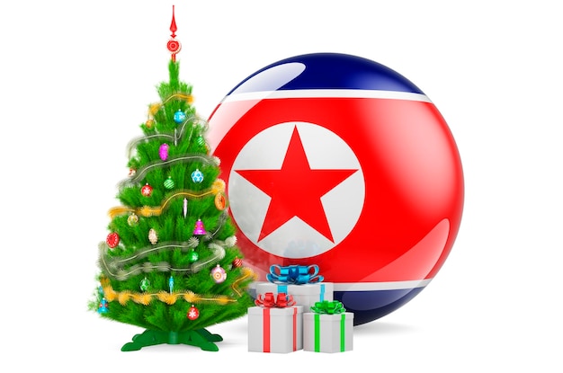 Photo christmas and new year in north korea concept christmas tree and gift boxes with north korean flag 3d rendering