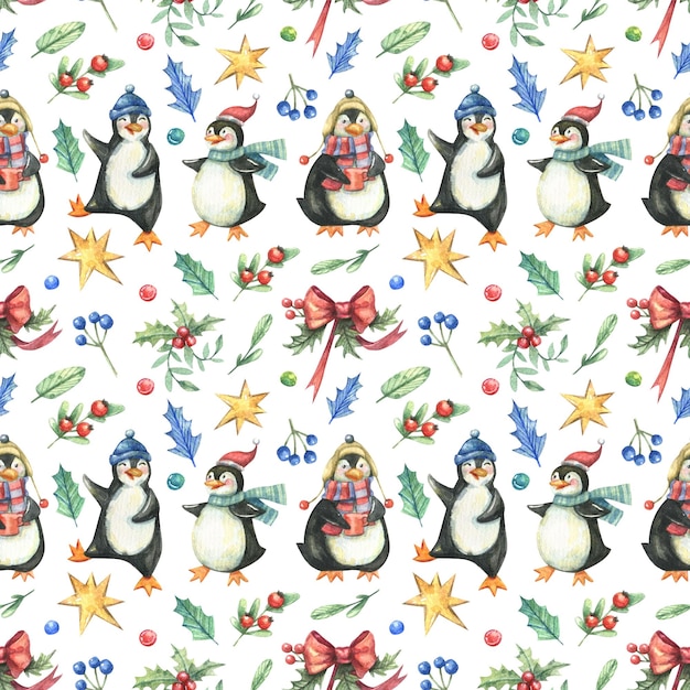 Christmas, New Year's pattern with cute cartoon penguins and holiday decor painted in watercolor.