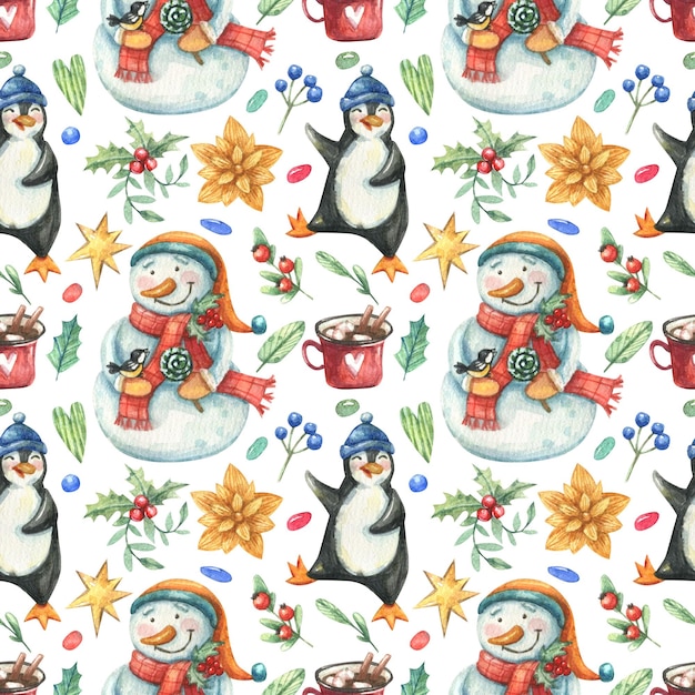 Christmas, New Year's pattern with cute cartoon snowmen, penguins, and holiday decor.