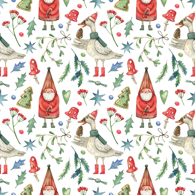 Christmas, New Year seamless pattern with cute goose bird in hat, gnome, winter berries, mistletoe