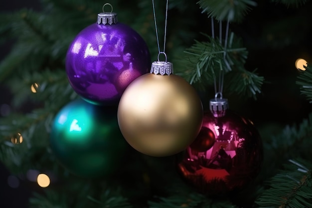 Christmas New Year shiny balls Christmas tree decoration closeup AI generated