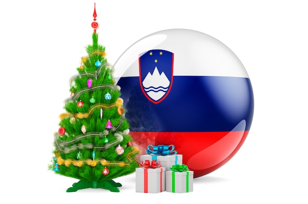 Christmas and New Year in Slovenia concept Christmas tree and gift boxes with Slovenian flag 3D rendering