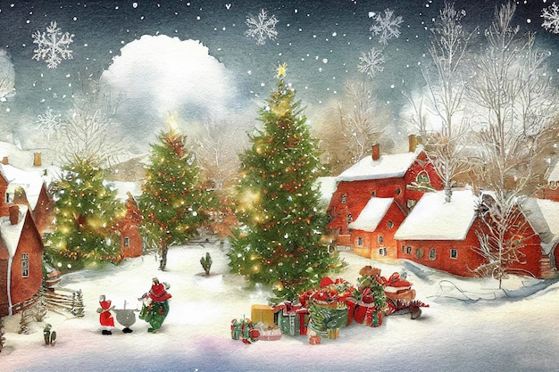 Christmas and New Year Watercolor illustration Winter landscape with christmas tree