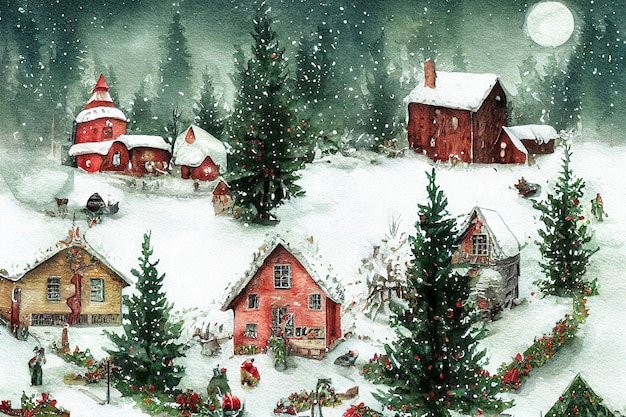 Christmas and New Year Watercolor illustration Winter landscape with christmas tree