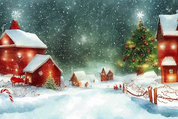 Christmas and New Year Watercolor illustration Winter landscape with christmas tree