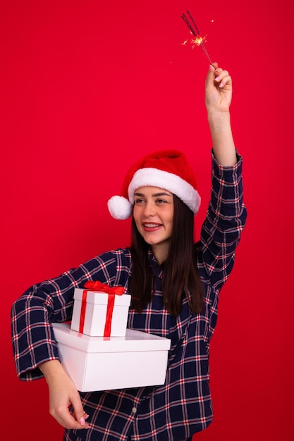 Christmas New Year young woman celebrates holidays