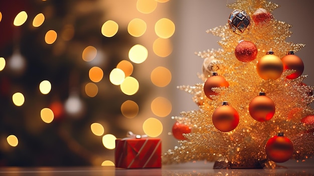 Christmas and New Year39s Eve holiday background Christmas tree with decorations gifts with bokeh background with blurred yellow lights and shining stars