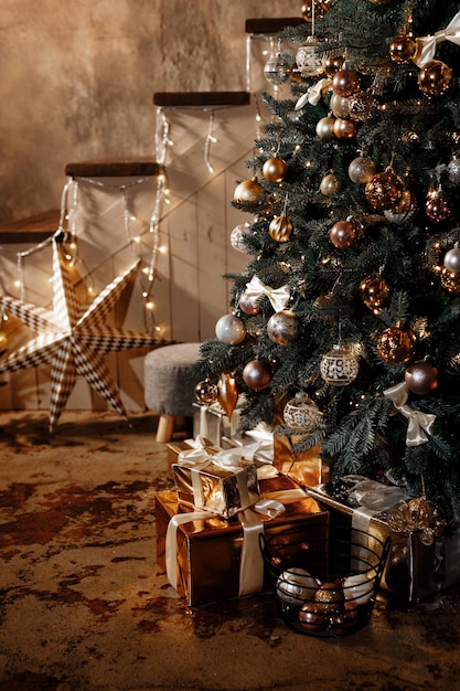 The Christmas and New Years Eve interior of the room is decorated with gifts and garlands