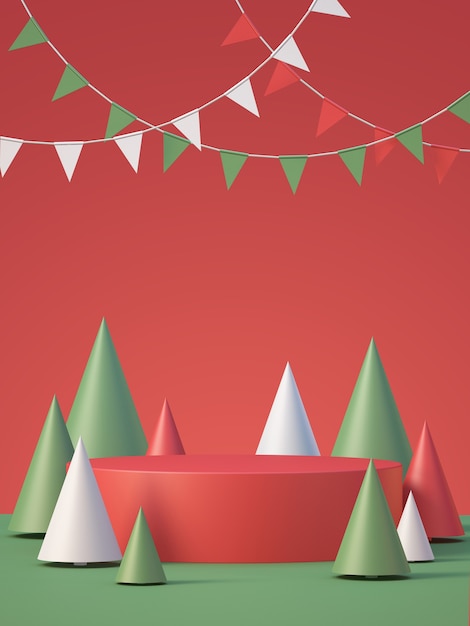 Christmas and newyear product podium mockup display background with chirstmas tree,3D render background