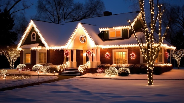 Christmas night lights decorating house created with Generative AI technology