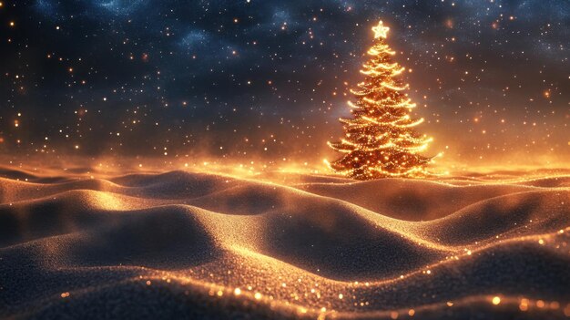 Photo a christmas night in a magical desert with glowing sand dunes and a giant christmas tree made of sparkling sand and stars ar 169 v 61 job id 20266f86d6ff456ab26b65e11103d34e