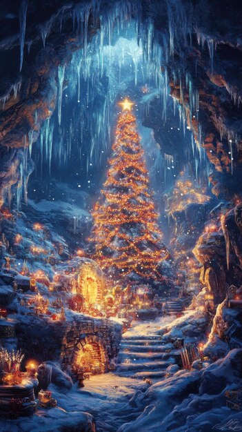 A Christmas night in a snowcovered dragonas lair with glittering icicles and a massive glowing Christmas tree surrounded by treasure ar 916 v 61 Job ID 1318129193c84264885465fc979761e5